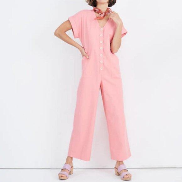 Madewell Pants - Madewell Short Sleeve Coral Button Front Day Jumpsuit w/ Deep Front Pockets SZ 0